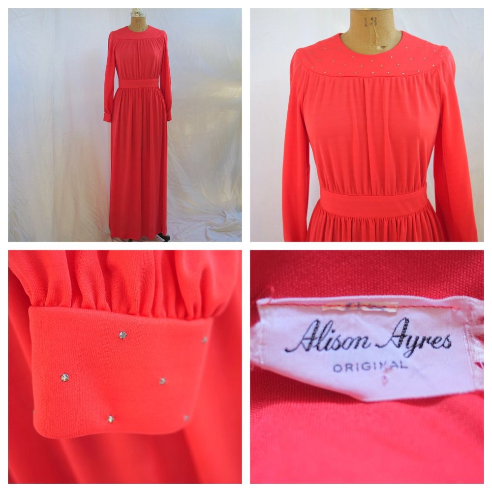 vtg 60s ALISON AYRES Original Red Mod Rhinestone Trim Maxi Dress Hippie Boho L